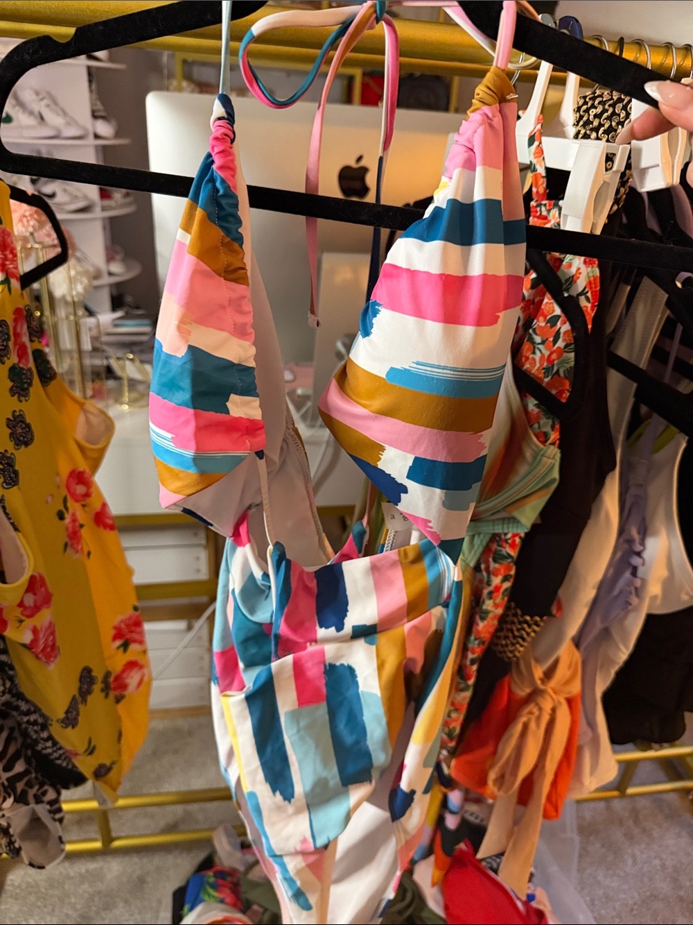 pink brown white blue print one piece
